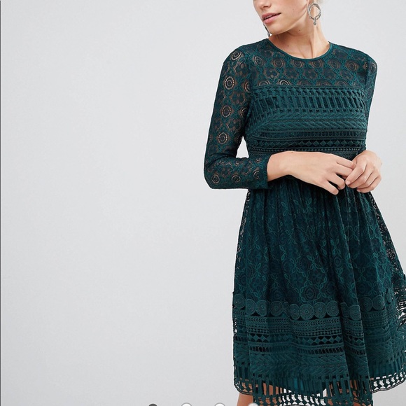 Forest Green Lace Long Sleeve Skater Dress by ASOS - Picture 3 of 7